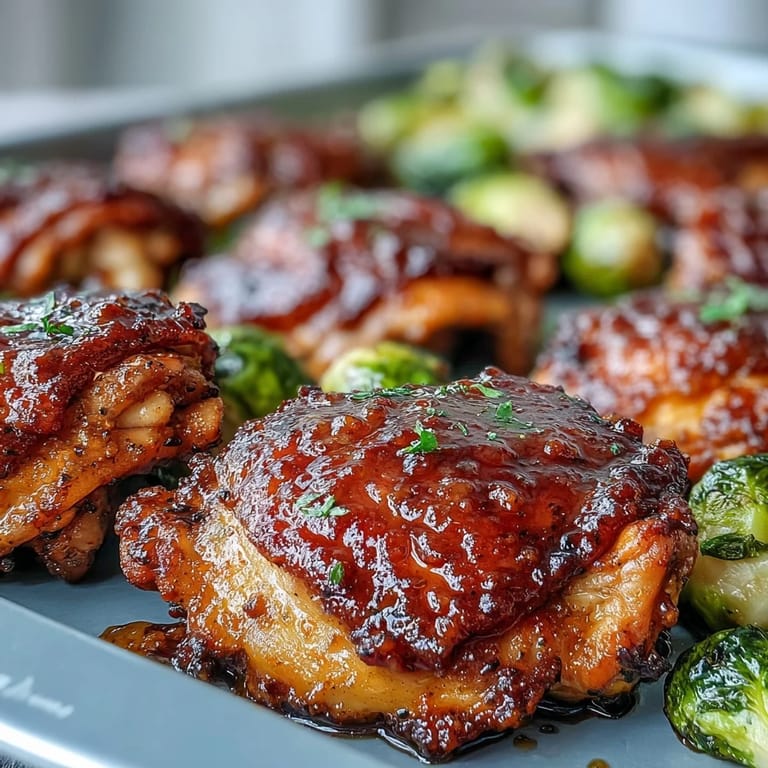 Juicy roasted chicken thighs with caramelized Brussels sprouts and red onion, drizzled with sweet-tangy honey mustard glaze.