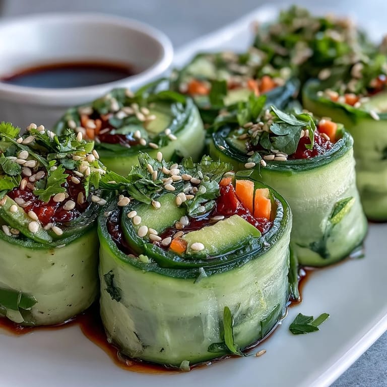 Freshly rolled Light Cucumber Avocado Rolls with Sesame featuring crisp cucumber, creamy avocado, and a sprinkle of sesame seeds.