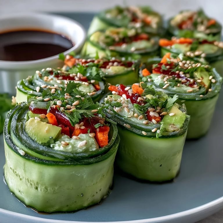 A close look at Light Cucumber Avocado Rolls with Sesame served on bamboo with a tangy dipping sauce and fresh herbs.