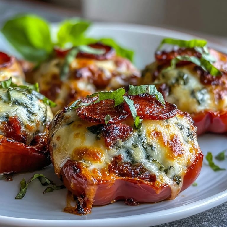 Easy Keto Pizza Stuffed Peppers served beside a crisp salad, showcasing bubbly mozzarella and zesty pepperoni slices.