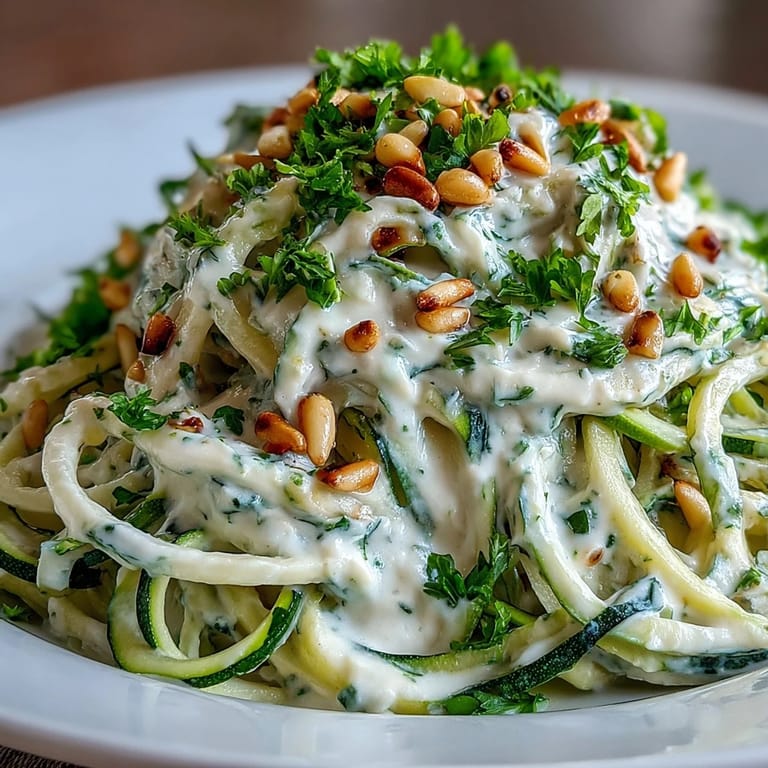 A white bowl holds Vegan Creamy Cashew Alfredo over Zucchini Noodles tossed with fresh herbs and toasted nuts.