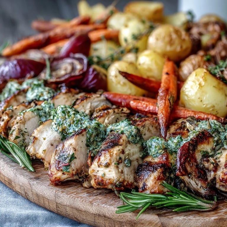 Overhead shot of Grilled Herb Chicken with Roasted Root Vegetables, highlighting the charred grill marks on the chicken and vibrant colorful vegetable medley.