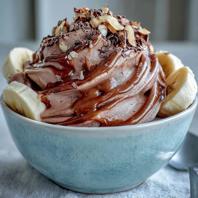 The creamy scoop of Vegan Chocolate Banana Nice Cream with Almond Butter swirled on a simple white plate.