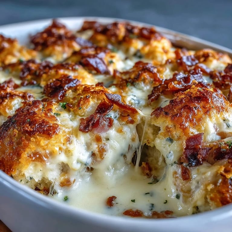 A close-up view shows melted Swiss cheese draping over the creamy Keto Chicken Cordon Bleu Casserole, served hot in a white ceramic dish.