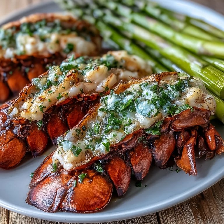 Freshly roasted Keto Garlic Butter Lobster Tails with Asparagus alongside tender crisp asparagus spears.
