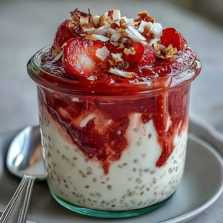 A spoon dips into the vibrant, purple-hued Strawberry Chia Seed Pudding with Coconut Milk.