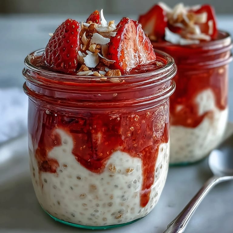 Overhead view of Strawberry Chia Seed Pudding with Coconut Milk garnished with mint and coconut flakes.