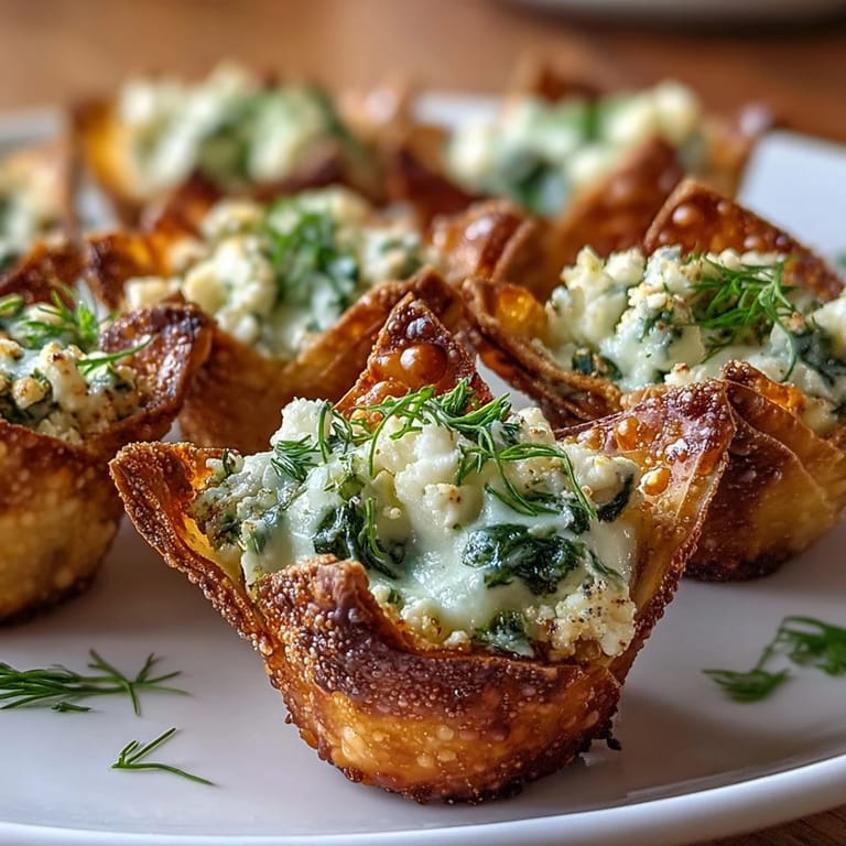 A close-up shot of several golden, crispy spinach and feta wonton cups arranged on a plate.