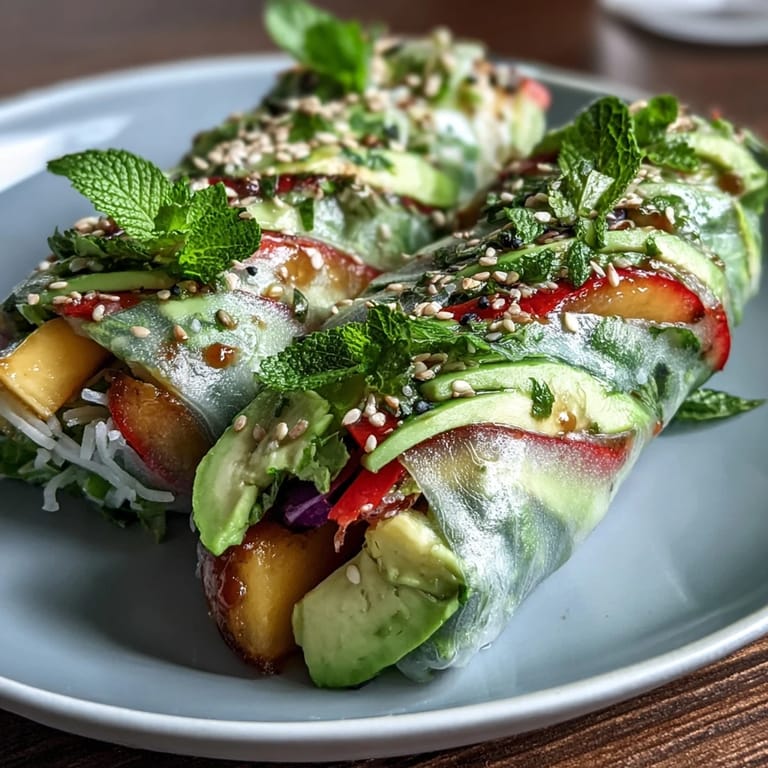Vibrant vegan spring rolls packed with mango, avocado, and crunchy vegetables, paired with tangy sweet chili sauce.