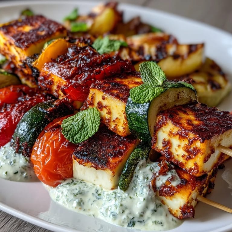 Golden halloumi cubes and colorful veggies grilled to perfection, paired with a cool mint and parsley yogurt sauce in this easy Mediterranean dish.