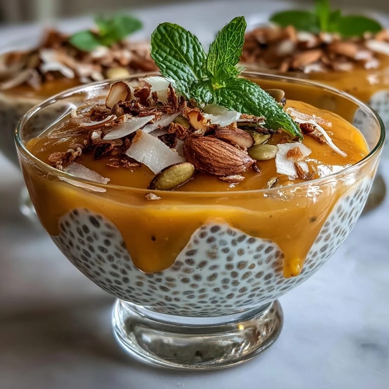 Refreshing breakfast cups featuring silky coconut chia pudding topped with smooth mango purée, perfect for a light and nutritious morning meal.