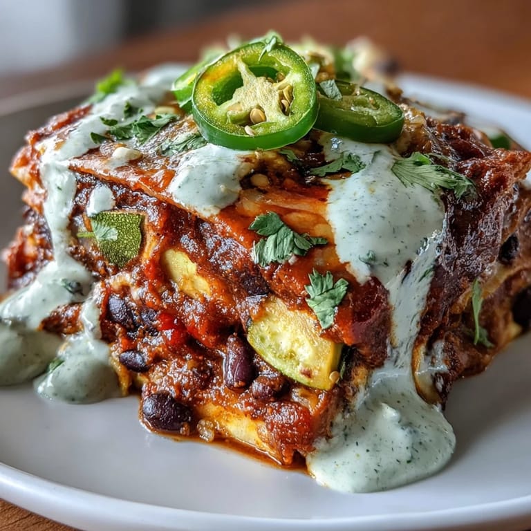 Colorful vegan black bean enchilada casserole, featuring vibrant vegetables, tender tortillas, and rich enchilada sauce, topped with creamy avocado crema.