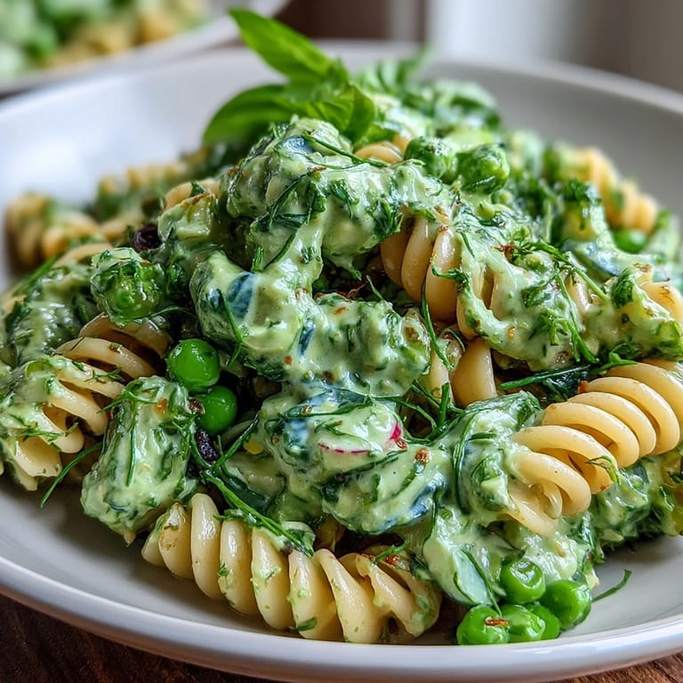 Colorful vegan pasta salad tossed with creamy green goddess dressing, vibrant peas, basil, and crisp veggies for a flavorful dish.