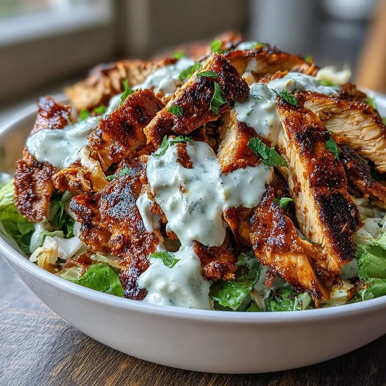 Healthy chicken shawarma salad bowls with lemon tahini drizzle, showcasing colorful vegetables, sliced avocado, and tender spiced chicken on mixed greens.  