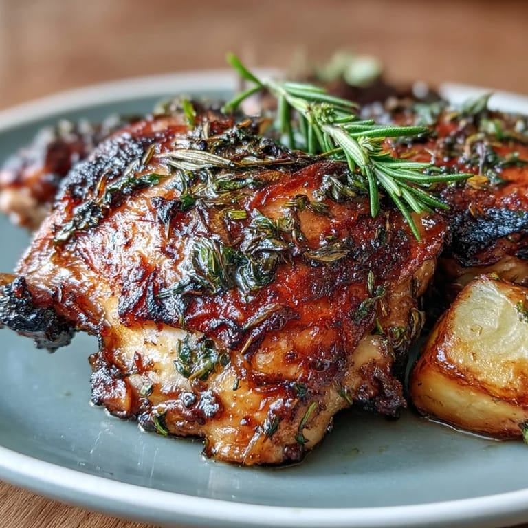 A tray of herb-roasted chicken thighs with carrots and potatoes, featuring juicy meat, caramelized vegetables, and aromatic rosemary and thyme, perfect for a hearty family dinner.
