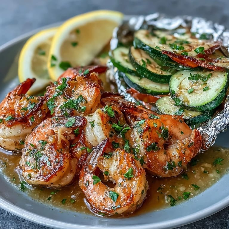 Savory Keto Lemon Butter Garlic Shrimp Packets with Zucchini, showcasing perfectly cooked shrimp and vegetables steamed in foil with aromatic garlic and lemon.