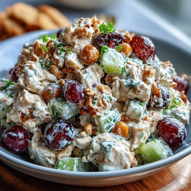 Fresh vegan chicken salad with slivered almonds, dried cherries, and vegan mayo served chilled on a croissant.