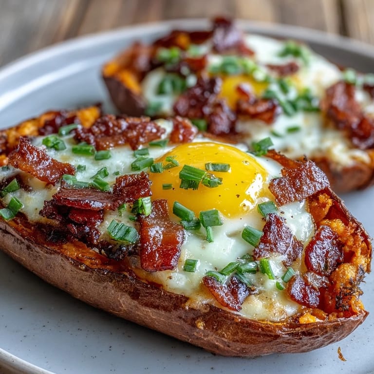 Hearty breakfast sweet potatoes loaded with bacon, cheese, and eggs, baked until the whites are set and yolks are just right.