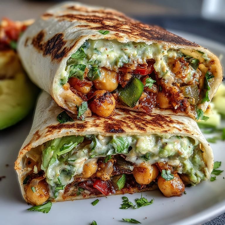 Vibrant vegan wrap showcasing seasoned chickpeas and fresh avocado slices, offering bold flavors and satisfying texture.