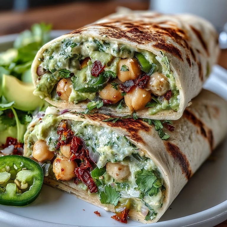 Wholesome plant-based wrap with zesty chickpeas, ripe avocado, and crisp veggies, ideal for a quick, nutritious meal.
