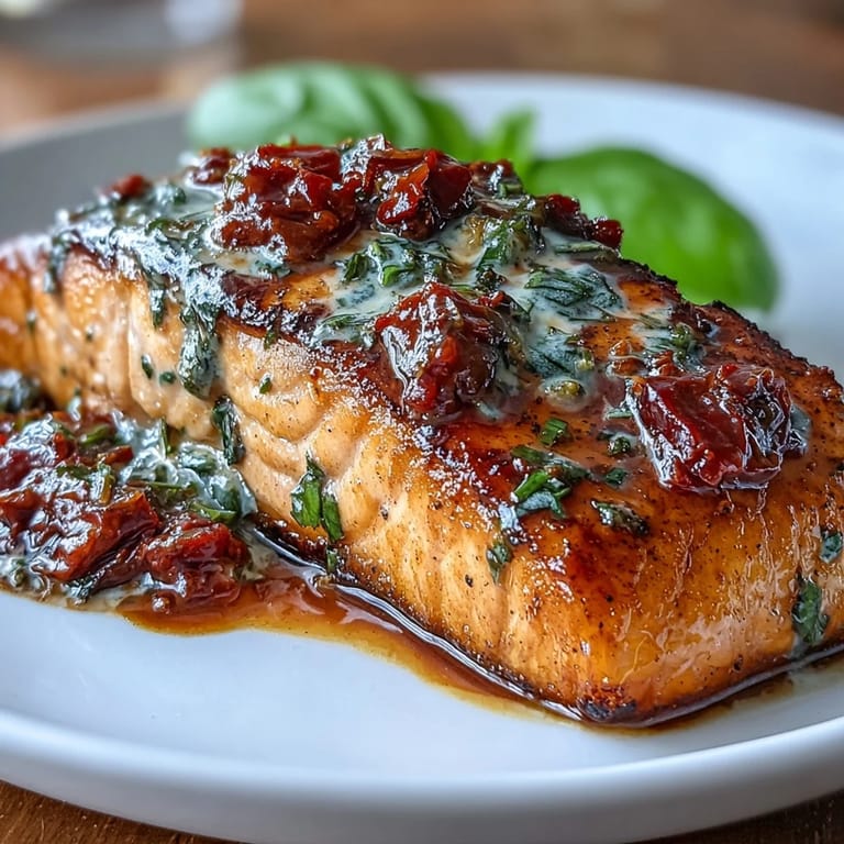 Romantic Marry Me Salmon dinner featuring tender fish in a luscious garlic and sun-dried tomato cream sauce.