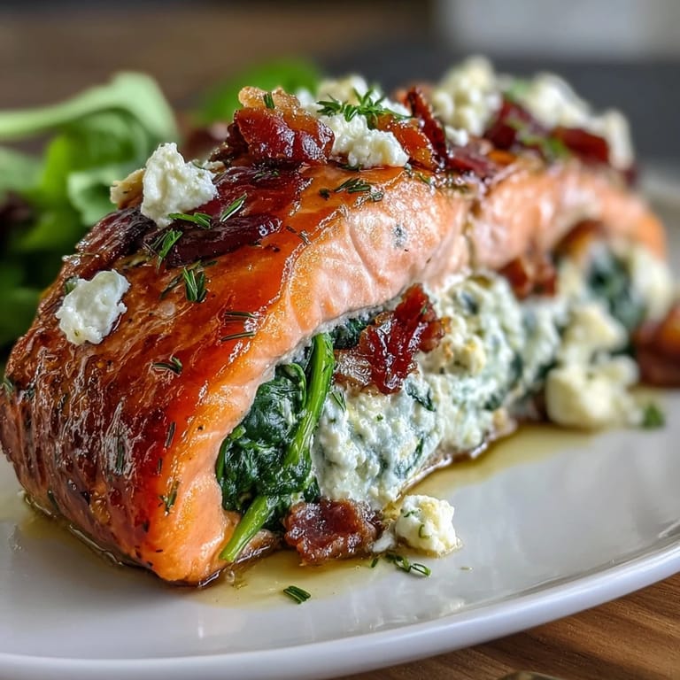 Savory baked salmon filled with a cheesy spinach and roasted pepper stuffing, perfect for dinner.