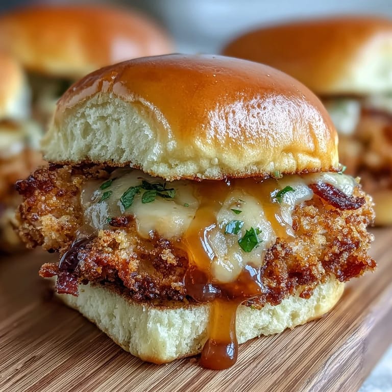 Warm slider buns filled with juicy fried chicken and melted cheddar, drizzled with homemade honey mustard.  