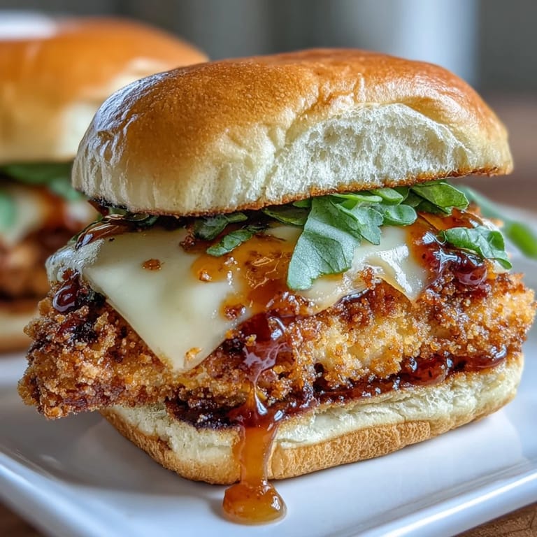 Crispy breaded chicken breast served on soft slider buns with tangy honey mustard and fresh toppings.