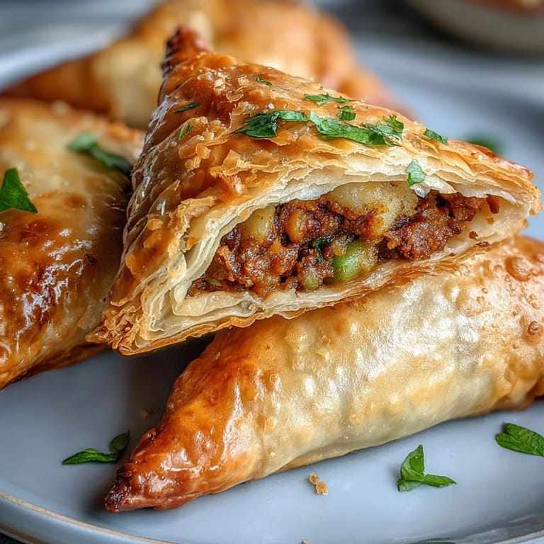 Golden samosas with a crunchy pastry crust, packed with aromatic vegetables and paired with vibrant green mint chutney.  