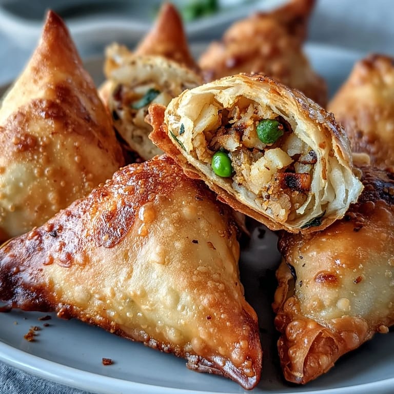 Savory vegetable samosas cooked to crispy perfection in the air fryer, accompanied by zesty homemade mint chutney.