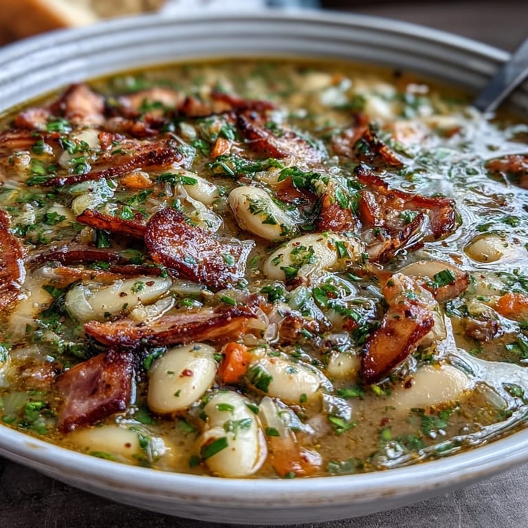 Hearty ham and lima bean soup served hot, featuring rich broth, tender beans, and savory ham for a satisfying dinner.