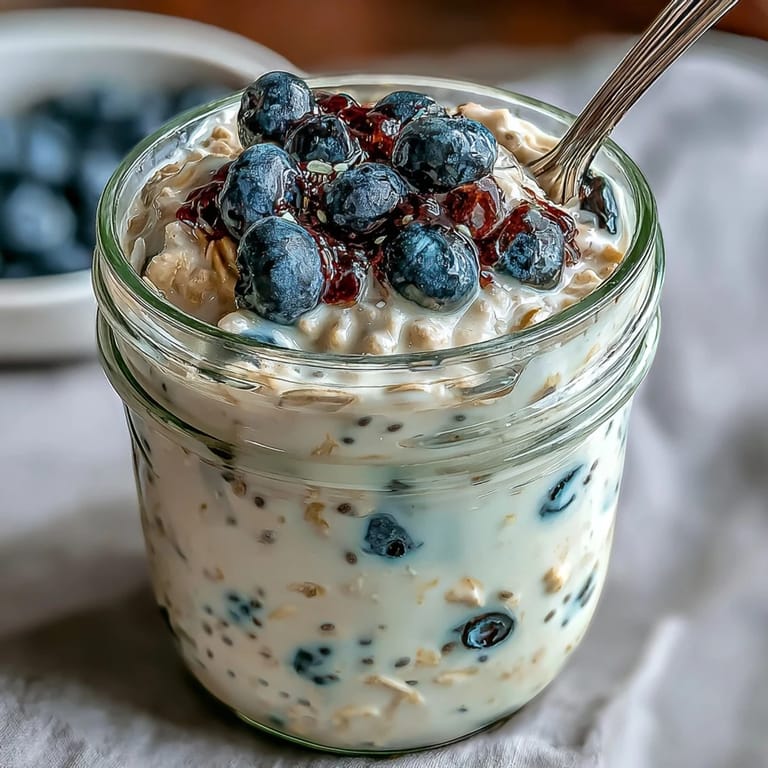 Layered blueberry lemon overnight oats with Greek yogurt and chia seeds, served chilled with extra zest.