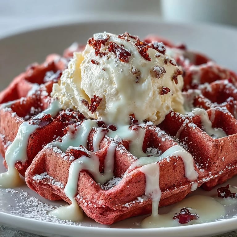 Vibrant pink waffles topped with a rich, creamy cream cheese drizzle, served warm with a hint of cocoa.  