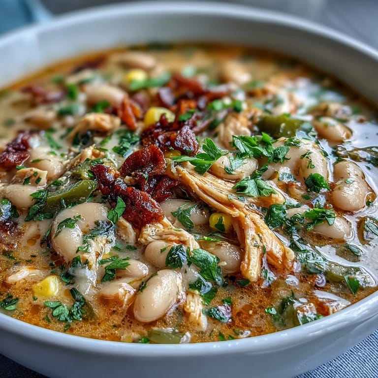 Creamy White Bean Chicken Chili featuring tender chicken, vibrant spices, and a squeeze of fresh lime juice.  