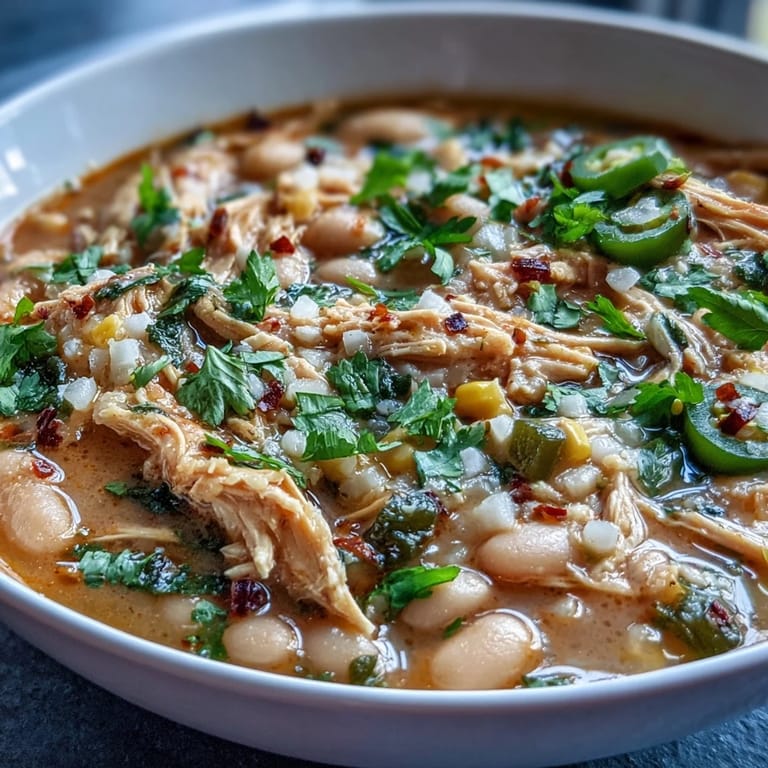 Hearty White Bean Chicken Chili served with avocado slices, jalapeños, and a dollop of Greek yogurt.
