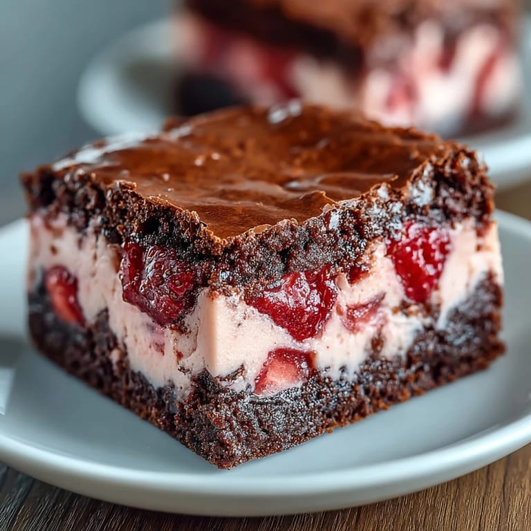 Decadent brownies topped with strawberry cheesecake and garnished with fresh berries for a romantic treat.  