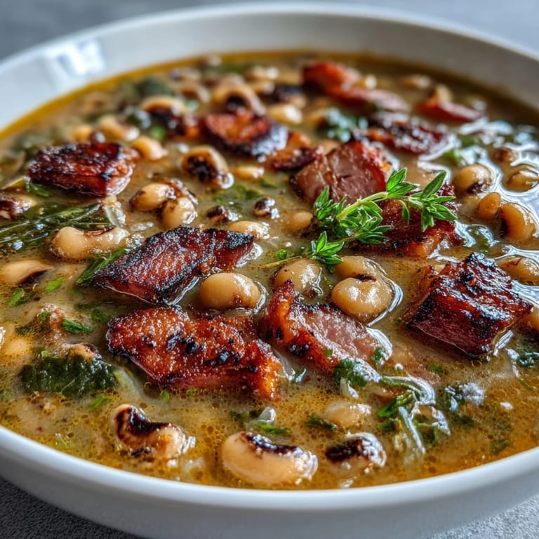 Creamy ham and black-eyed pea soup simmered with carrots, celery, and tomatoes, garnished with fresh parsley for a flavorful New Year's dish.