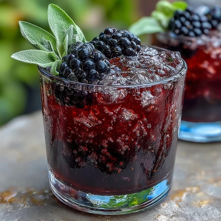 A cool summer beverage with crushed ice, fresh blackberries, and sage, perfect for a light and zesty drink.