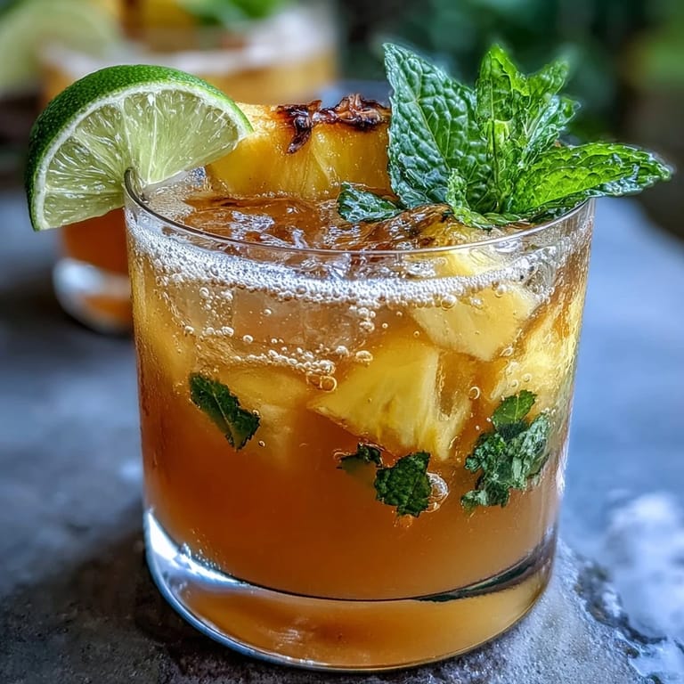 Refreshing pineapple ginger fizz drink with sparkling water, served over ice and topped with tropical fruit.