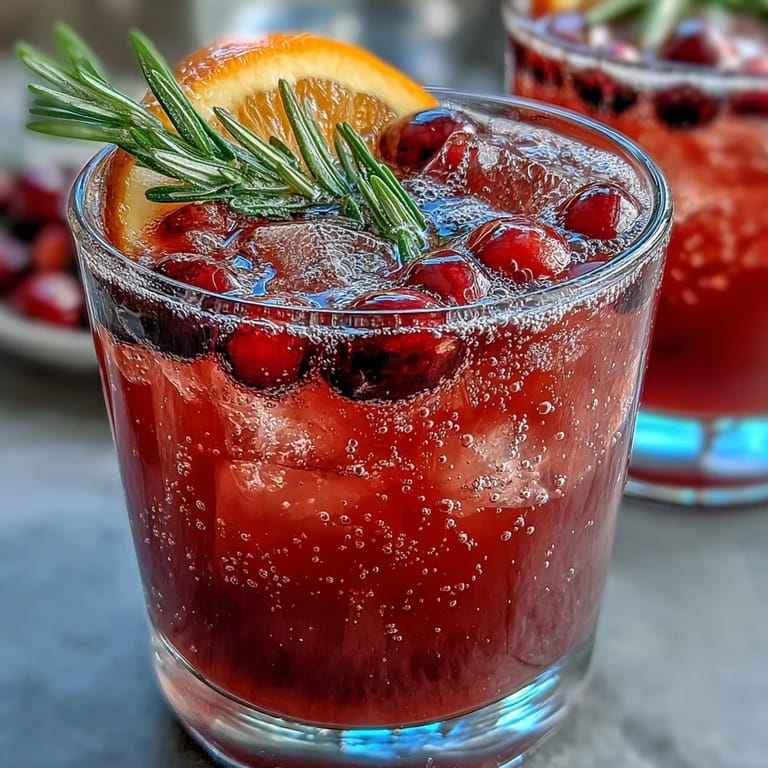 Vibrant cranberry-orange syrup bubbles over ice in chilled glasses, accented by fragrant rosemary and fresh fruit for a refreshing seasonal drink.