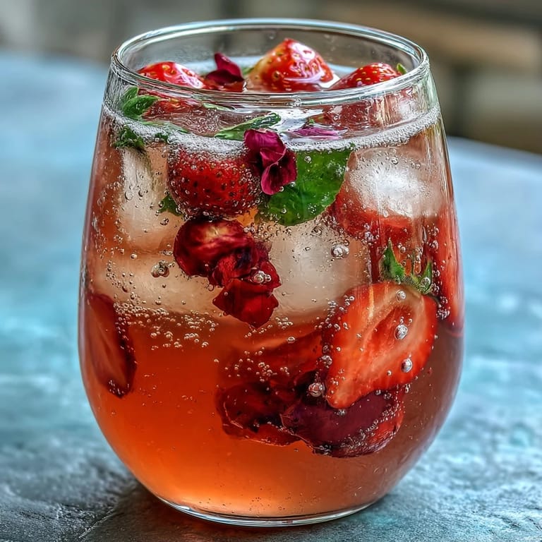 Refreshing homemade strawberry rose lemonade in a clear pitcher, showcasing juicy berries and a delicate floral aroma, perfect for warm-weather gatherings.