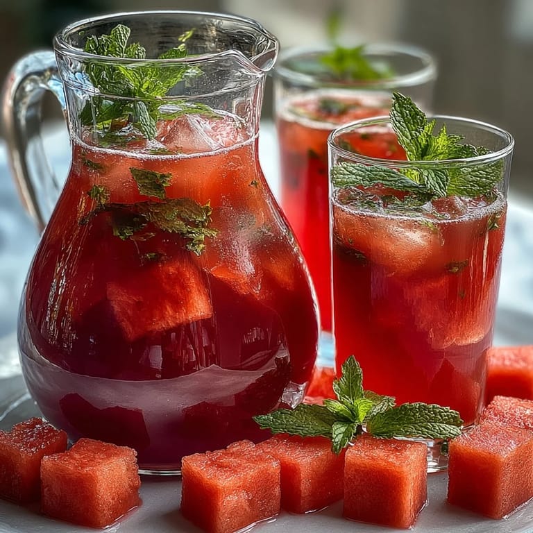 Chilled glasses of watermelon mint infused water garnished with mint sprigs, perfect for summer brunch or hydration.  