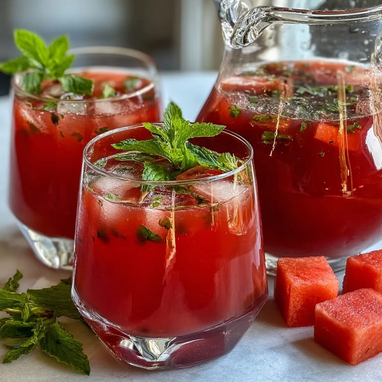 Close-up of watermelon mint infused water showcasing juicy fruit and aromatic mint in clear pitcher with ice.