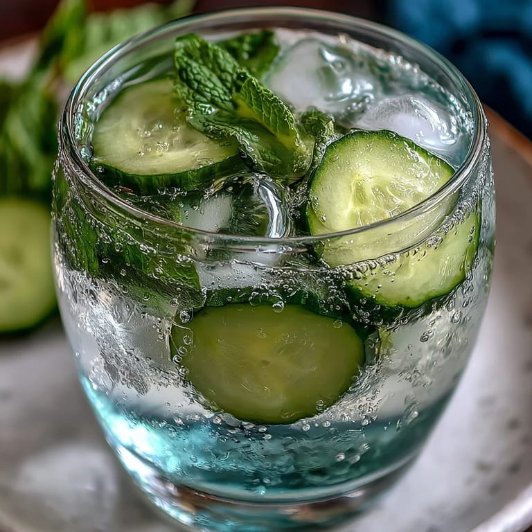 A clear pitcher of cucumber mint sparkling water, showcasing vibrant green cucumber slices and fresh mint leaves floating in chilled bubbles.