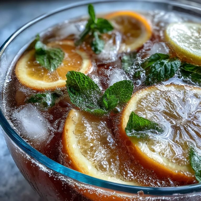 Refreshing citrus punch featuring bright orange and lemon slices, served over ice with a fizzy sparkle in a clear glass pitcher.