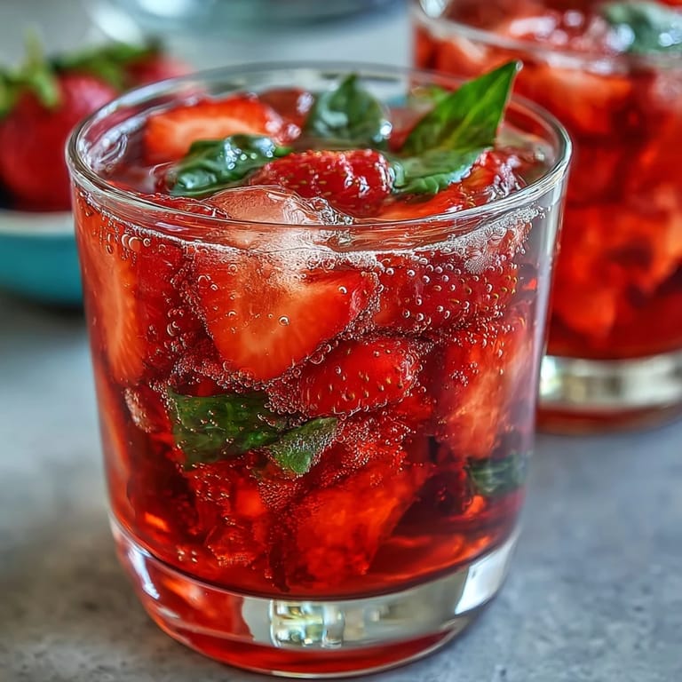 Vibrant non-alcoholic strawberry cocktail featuring muddled berries, lemon, and sparkling water, garnished with mint and lemon slices.