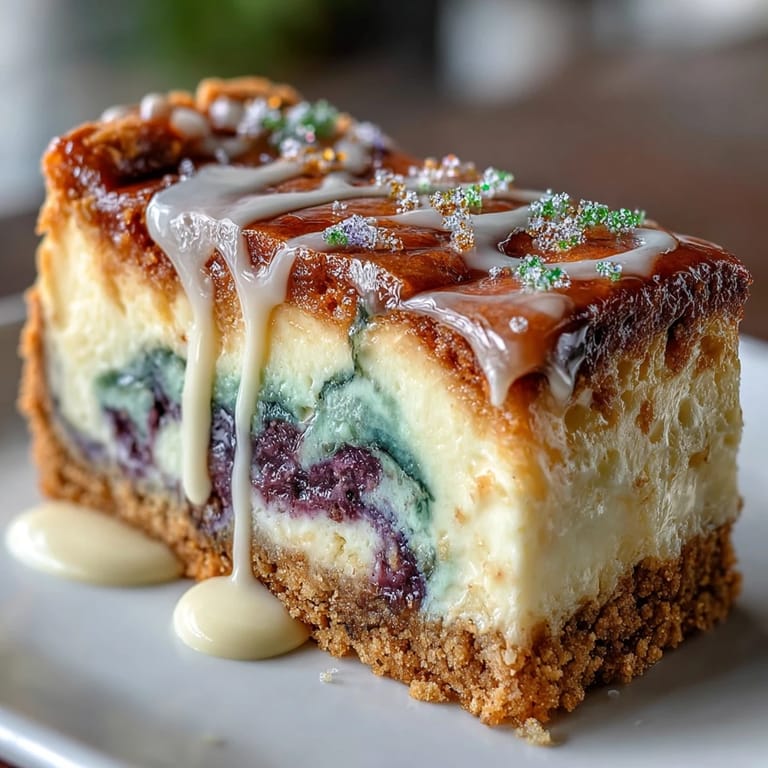 Close-up of marbled cheesecake filling with sanding sugar topping.