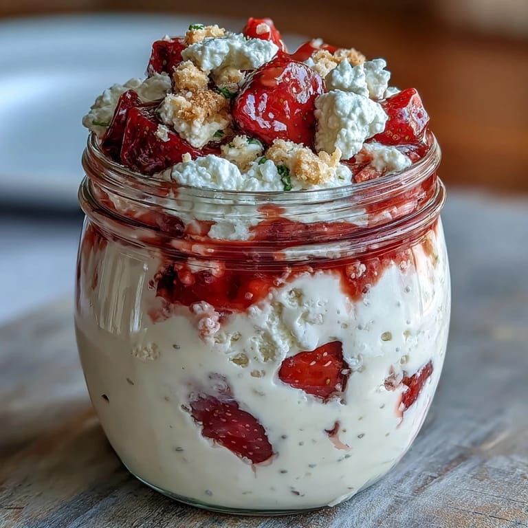 Protein-packed overnight oats with cottage cheese, chia seeds, and sweet strawberries, topped with crunchy graham cracker crumbs for a healthy cheesecake-inspired meal.