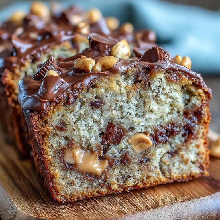 A decadent peanut butter cup banana bread loaf with chocolate chips, perfect for dessert or a sweet snack.