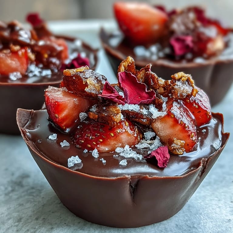 Decadent Dubai chocolate strawberry cups featuring silky dark chocolate shells, fragrant rosewater strawberries, and a golden pistachio crunch topping.